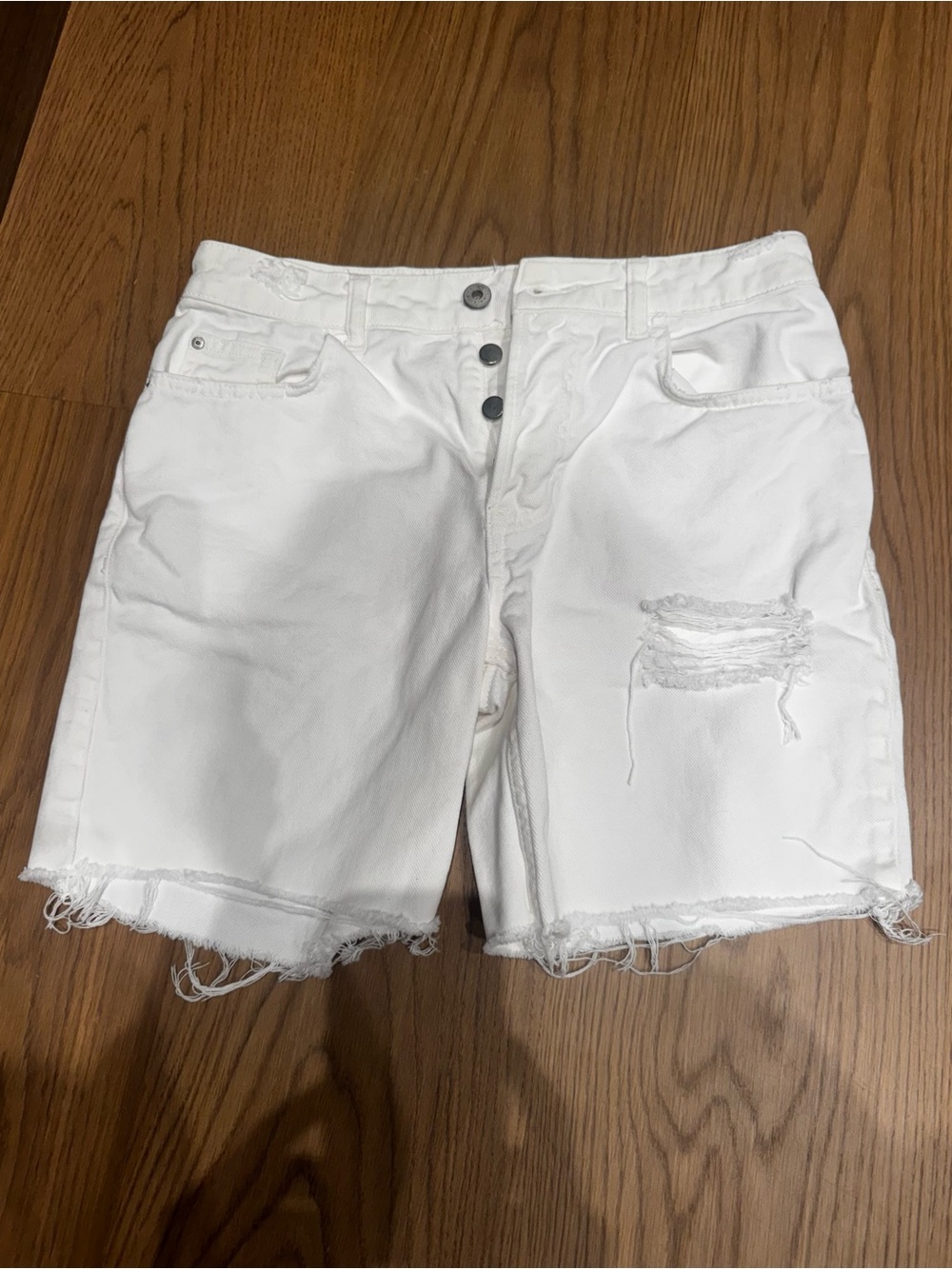Zara White Distressed Denim Bermuda Shorts